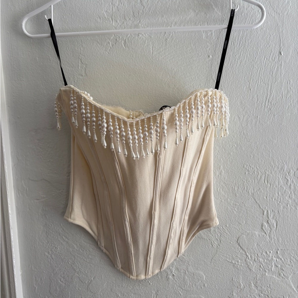 Cream Corset Top with Beaded Fringe
